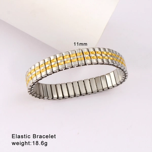 Detail showing 11mm wide elastic steel bracelet with polished gold and silver link design