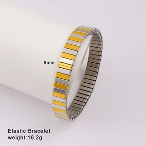 Detailed 9mm wide elastic two-tone stainless steel bracelet on a white display stand