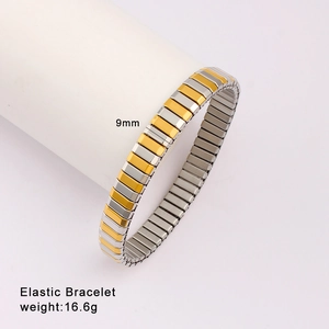 Detail shot showing 9mm width and 16.6g weight of the elastic stainless steel bracelet