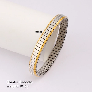 Detail of 9mm wide two-tone gold and silver elastic metal bracelet weighing 16.6g