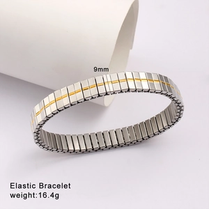 Detail view of 9mm elastic stainless steel bracelet with textured grid and gold accent