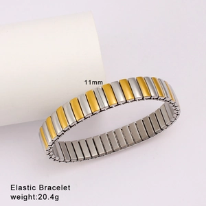Detail view of two-tone 11mm elastic metal watch band bracelet with silver and gold finish