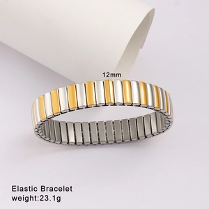 Detail view of 12mm wide two-tone elastic metal bracelet weighing 23.1g on white background
