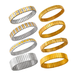 Elastic stainless steel bracelet set in gold and silver finish with engraved patterns