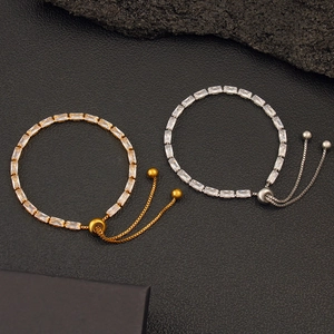 Detail of adjustable tennis bracelets with rectangle cubic zirconia on black leather