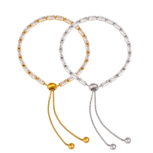 Luxury Baguette Cut Zircon Tennis Bracelet For Women Adjustable Stainless Steel Full Rhinestone Sparkly Elegant Bracelet Jewelry