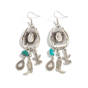 Pendientes retro de plata con perlas turquesas, sombrero y bota de vaquero