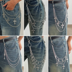 Punk Multilayer Metal Pants Chain With Gothic Cross Star Pendants Silver Alloy Hip Hop Waist Chain For Jeans Streetwear