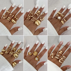 Irregular Liquid Metal Open Ring Set Lava Texture Adjustable Geometric Gold Silver Plated Alloy Rings For Women