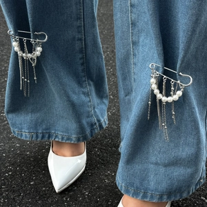 Broche Épingle de Sûreté en Fer Künstliche Perle d'Imitation Chaîne à Gland pour Décoration de Jeans Serrage de Taille Bijou Femme