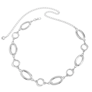 Detail view of silver hollow geometric metal waist chain with round links and lobster clasp