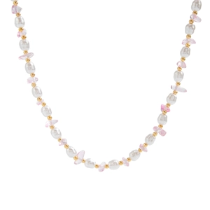 Detail van onregelmatige witte parels, roze stenen en gouden kralen op de fijne ketting