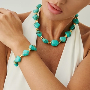 Vintage Irregular Resin Bead Necklace And Bracelet Bohemian Marbling Gold Plated Alloy Chunky Choker Jewelry For Women