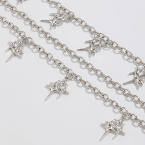 Y2K fashion layered silver star pants chain with high-polish metallic star pendants
