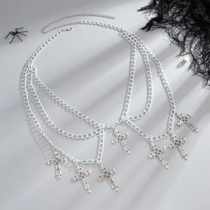 Gothic multi-layer silver waist chain with vintage cross pendants and punk aesthetics