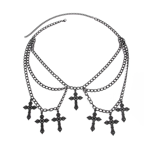 Gothic multilayer black metal waist chain featuring ornate cross pendants for women