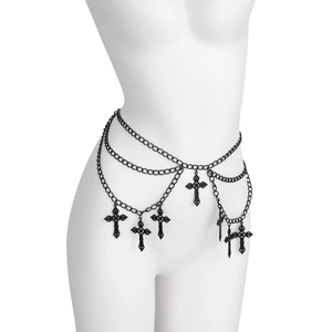 Detail of Gothic multi-layer black waist chain featuring ornate metal cross pendants