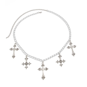 Gothic silver chain body jewelry with five cross pendants and adjustable lobster clasp