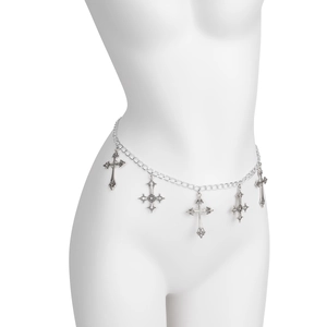 Detail of silver gothic body chain featuring ornate cross pendants on a white mannequin