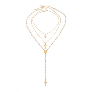 Drielaagse gouden kruis hanger kettingset met imitatieparel Y-vormige gelaagde kettingen