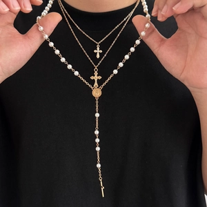 Vintage Gelaagde Kruis Hanger Halsketting Voor Vrouwen Goud Zilver Kleur Imitatie Kunstparel Rozenkrans Y-Vormige Ketting Religieuze Sieraden