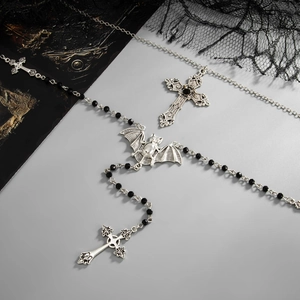 Collana gotica con pendente a pipistrello e croce con catena di perle nere retro