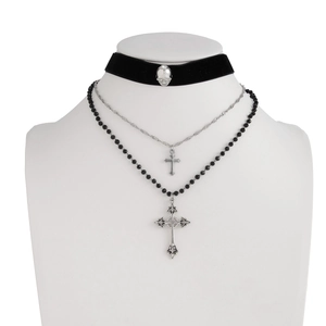 Detailed layered gothic choker with silver skull, metallic cross, and black beaded necklace