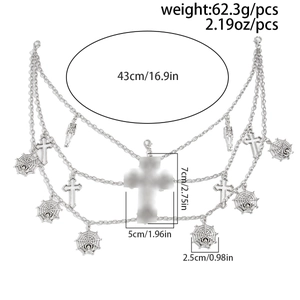 Silver gothic body chain detail with cross, skull, and spider web charms measurements