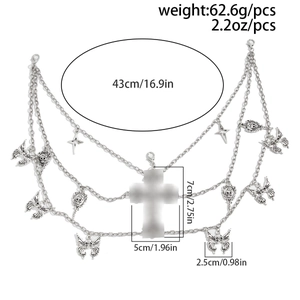 Detailed specs of spider butterfly body chain with weights and gothic cross dimensions