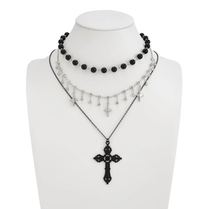 Three-layer gothic punk necklace set with black beads, silver star pendant, and large cross