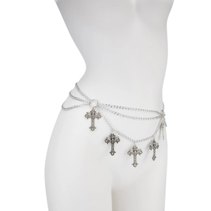 Detail of vintage silver waist chain with multi-layer metal links and hollow cross charms