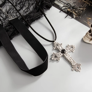 Gothic choker set with vintage silver cross pendant featuring a black gemstone and skull decor