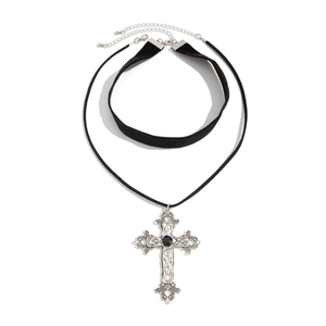 Detail view of gothic cross pendant and black velvet choker with silver extension chain