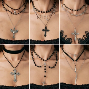 Gothic Punk Multilayer Necklace Alloy Velvet Acrylic Beaded Cross Skull Dagger Star Pendant Choker For Women Dark Jewelry