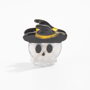 Détail de mini pince à cheveux Halloween crâne blanc marbré avec chapeau de sorcière
