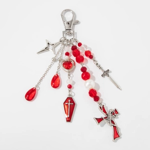 Gothic cross heart pants chain with red crystal beads and silver coffin pendant keychain