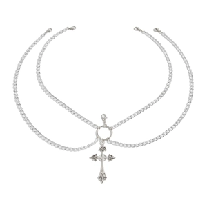 Gothic silver metal body chain with double layers and vintage hollow cross pendant