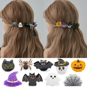 Mini Pinces à Cheveux Halloween pour Femmes Filles Citrouille en Acrylique Chauve-souris Fantôme Araignée Chapeau de Sorcière Squelette Accessoires de Cheveux Bijoux de Fête
