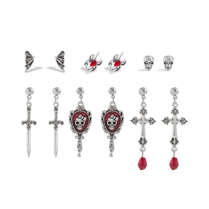 Set di orecchini gotici di Halloween con cristalli rosso sangue, pipistrelli e teschi