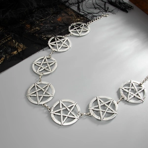 Antique silver gothic waist chain with镂空hollow star circles and geometric metal links