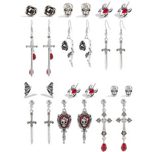 Set da 12 orecchini gotici con teschio, ragno, pipistrello e croce in argento vintage