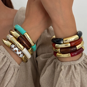 Pulsera Elástica Vintage Nudo de Bambú Resina Oro Metal Empalme Estampado de Leopardo Mármol Brazalete Mujer Joyería Moda