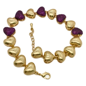 Bracelet à maillons cœur en or 18 carats avec cristaux violets et fermoir mousqueton robuste
