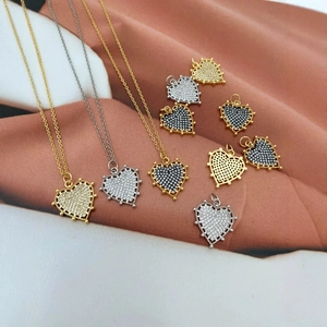 18K gold and silver plated heart necklaces with micro-pave cubic zirconia stones