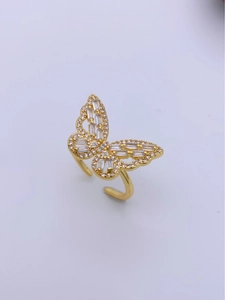 Macro view of butterfly zircon ring with 18k gold plating and adjustable opening