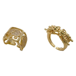Anillos ajustables bañados en oro con diseños de dragón y elefante con gemas