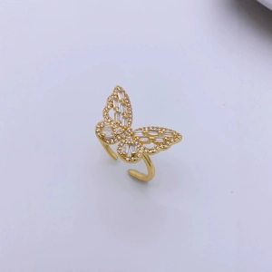 Gold butterfly open ring with cubic zirconia inlay on a clean white background