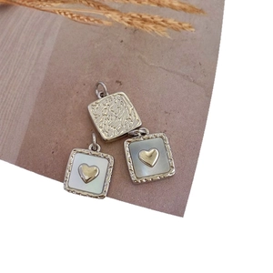 Three-piece set of square gold plated shell pendants with 3D heart and ripple texture