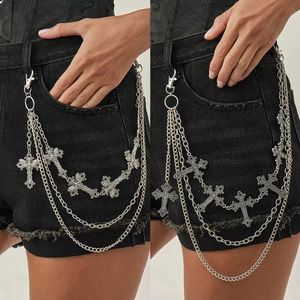 Chaîne de Taille Multicouche Gothique Punk Alliage Argent Pendentif Croix Chaîne de Pantalon Hip Hop Streetwear pour Hommes Femmes