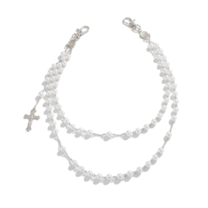 Multi-layer pearl pants chain with silver cross pendant and lobster clasp connectors